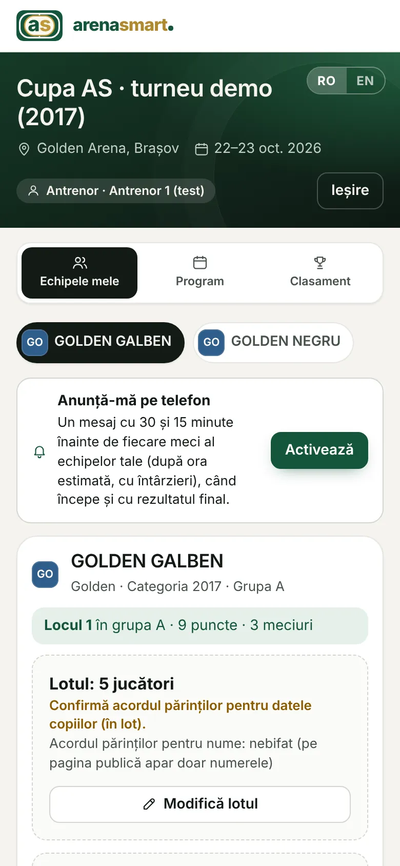 Pagina antrenorului cu echipele lui