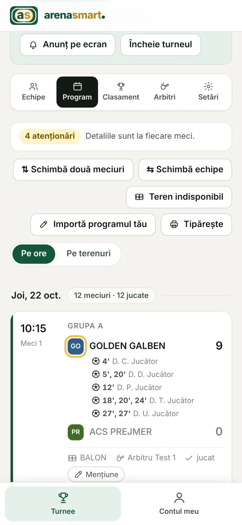 Programul turneului în aplicația organizatorului